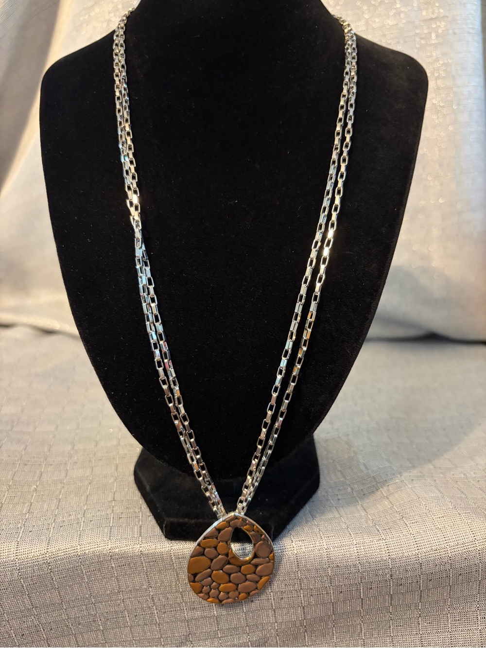 Silver-Tone Chain Necklace with Brown Pebble Pendant - Women Jewelry
